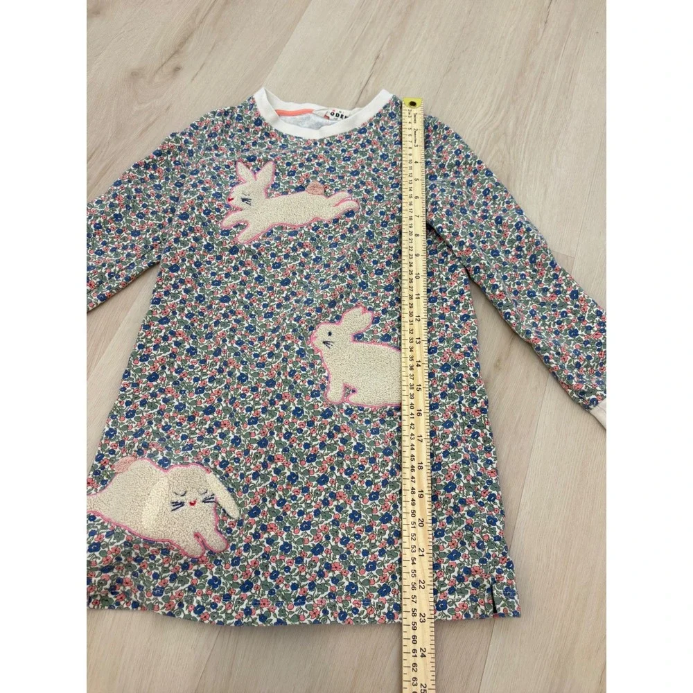 Mini Boden Jersey Dress Kids 7-8Y Multi Floral Bunny Applique Long Sleeve Spring